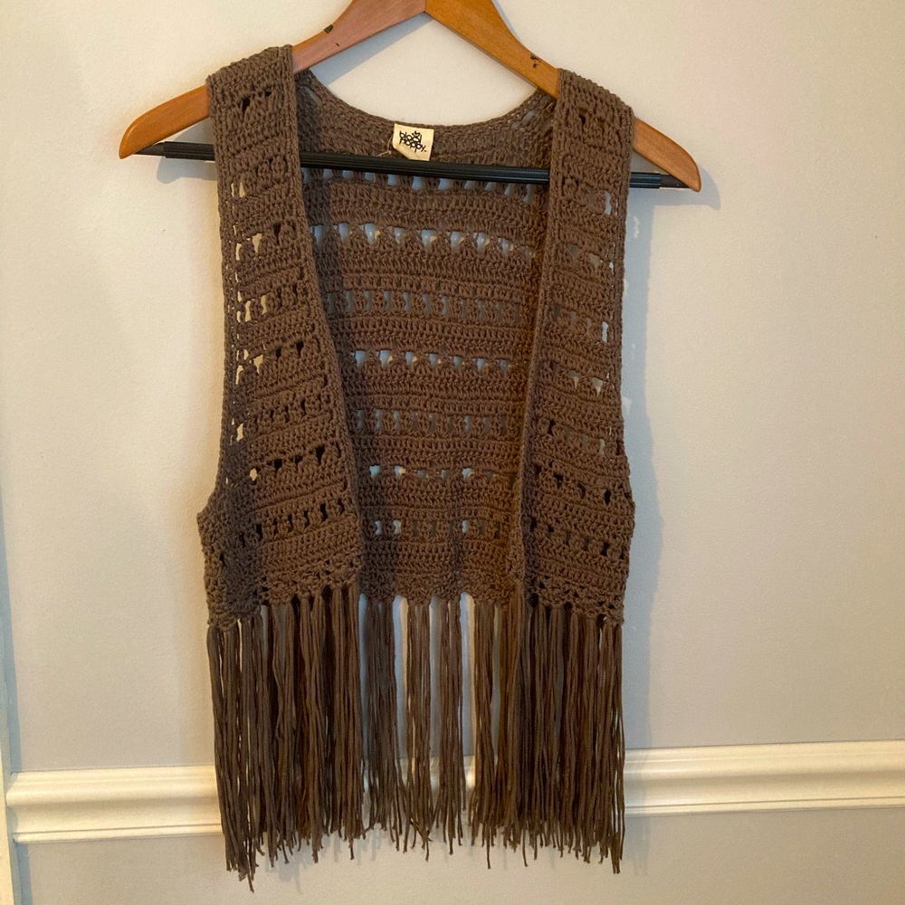 Black Poppy/Pac Sun Gray Crochet Vest with Fringe